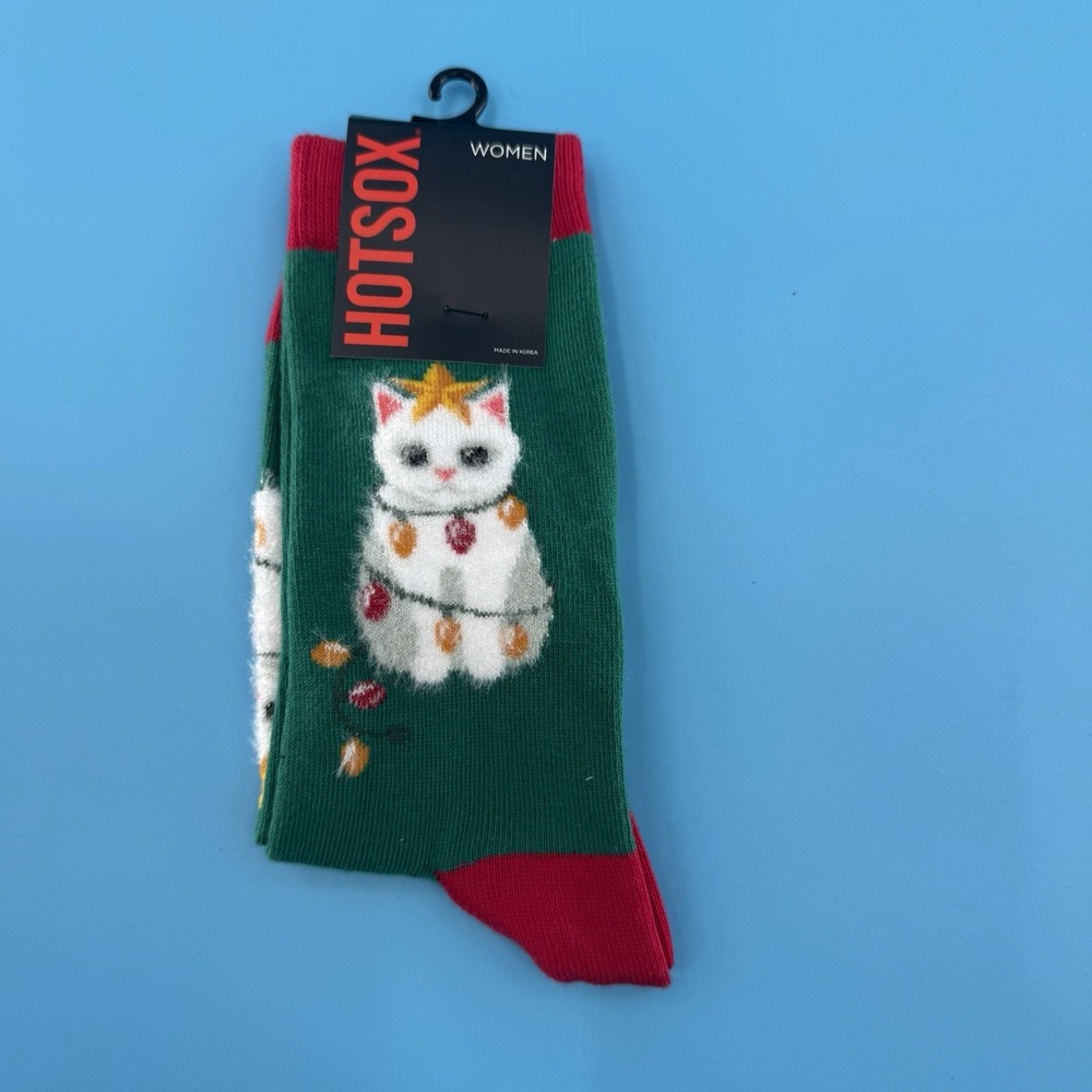 Hot Sox Women's Christmas Cat Crew Socks Green Red Holiday Size 9–11 New